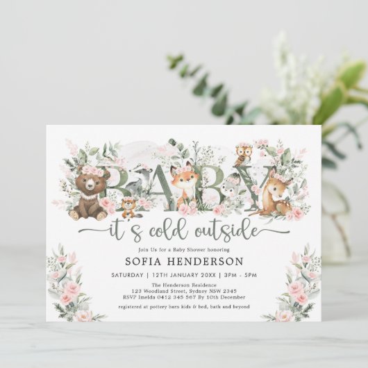 Winter Rozen Woodland Animals Girl Baby shower Kaart (Staand voorkant)