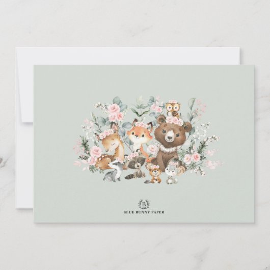 Winter Rozen Woodland Animals Girl Baby shower Kaart (Achterkant)