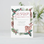 Winter RSVP Deer Floral kerstrood huwelijk Kaart (Staand voorkant)