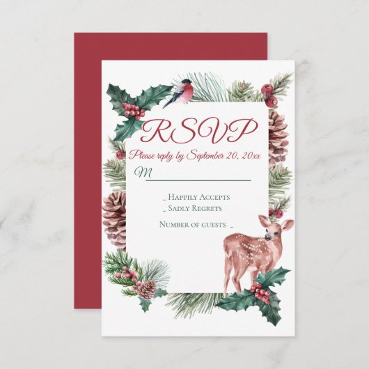 Winter RSVP Deer Floral kerstrood huwelijk Kaart (Voorkant / Achterkant)
