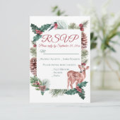 Winter RSVP Deer Floral kerstrood huwelijk Kaart (Staand voorkant)