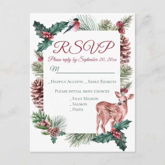 Winter RSVP Deer Floral kerstrood huwelijk Uitnodiging Briefkaart (Voorkant)