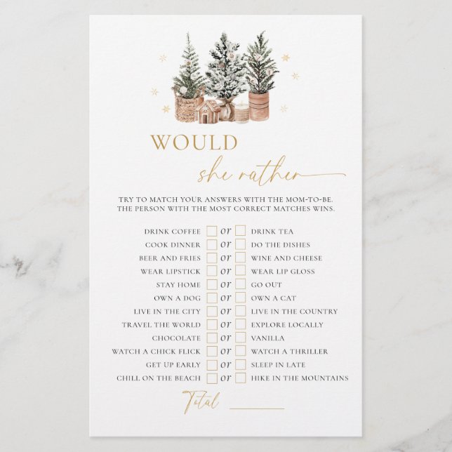 Winter Rustic Baby shower zou ze liever spel (Voorkant)