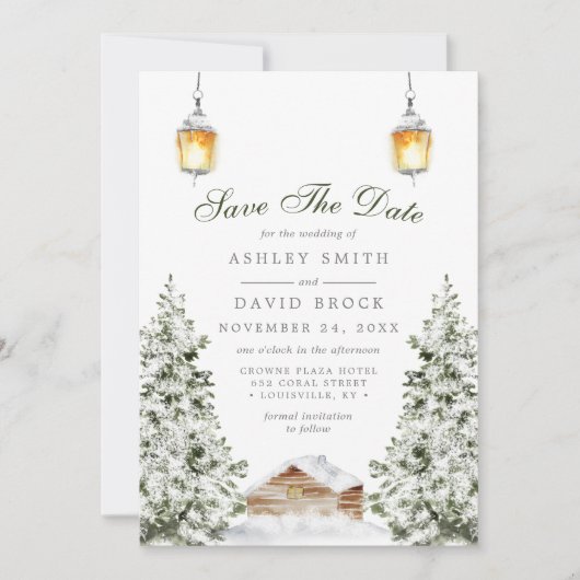 Winter Rustic Cabin Snow Pine Save The Date Kaart (Voorkant)