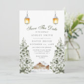 Winter Rustic Cabin Snow Pine Save The Date Kaart (Staand voorkant)