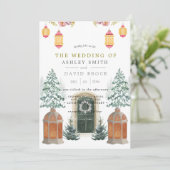 Winter Rustic Cabin Snow Pine Wedding Invitation Kaart (Staand voorkant)