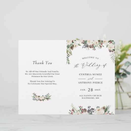 Winter Rustic Floral DIY Folded Wedding Programme (Staand voorkant)