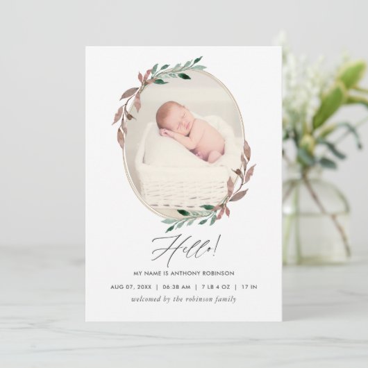 Winter Rustic Greenery Birth Announcement Kaart (Staand voorkant)