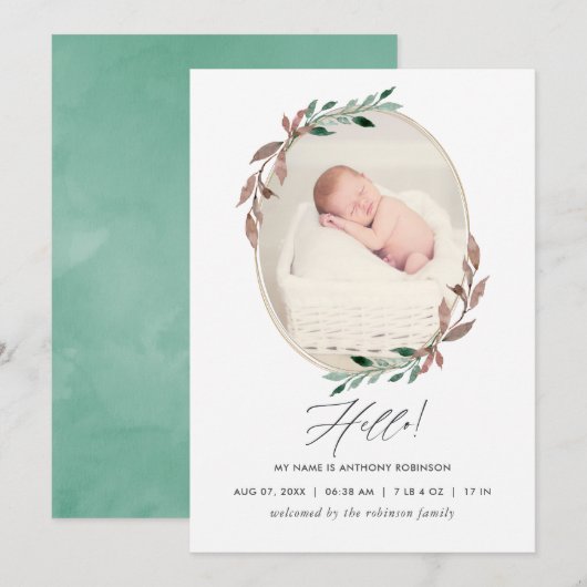 Winter Rustic Greenery Birth Announcement Kaart (Voorkant / Achterkant)