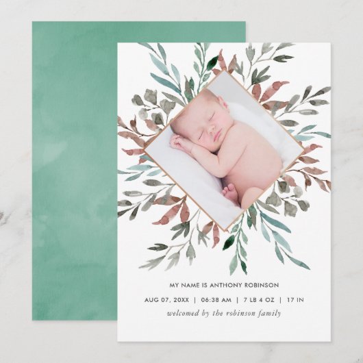 Winter Rustic Greenery Birth Announcement Kaart (Voorkant / Achterkant)