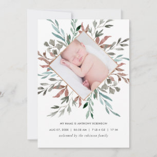 Winter Rustic Greenery Birth Announcement Kaart