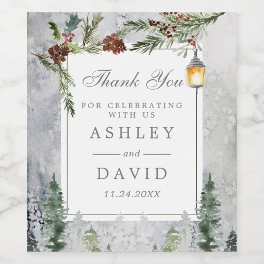 Winter Rustic Pine Chic Botanical Lantern Wedding Wijn Etiket (Enkel label)