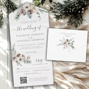 Winter Rustic Pine Floral QR RSVP Woodland Wedding All In One Uitnodiging