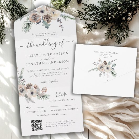 Winter Rustic Pine Floral QR RSVP Woodland Wedding All In One Uitnodiging