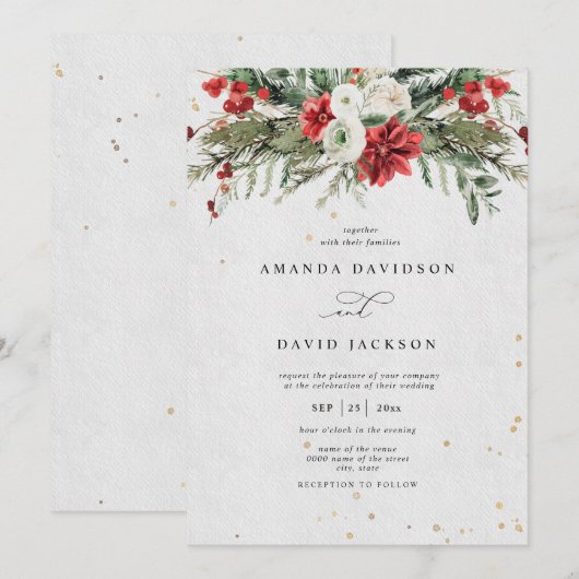 Winter Rustic Pine Greenery Red Berries bruiloft Kaart (Voorkant / Achterkant)