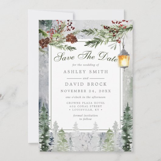 Winter Rustic Pine Lantaarn sparen de Datum Kaart (Voorkant)