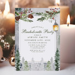 Winter Rustic Pine Trees Bachelorette Kaart<br><div class="desc">Winter Rustic Pine Trees Bachelorette Party Invitation. Prachtige elegante wintertrouwbachelorette feestjes met snowy lantern en rustige botanische pijnboomtakken en pijnbomen. Dit aangepaste moderne huwelijksontwerp kan gemakkelijk worden aangepast aan je eigen trouwgegevens.</div>