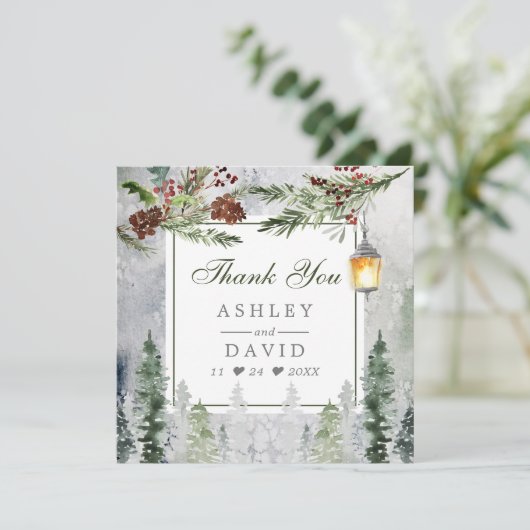Winter Rustic Pine Trees Lantaarn Dank je wel Bedankkaart (Staand voorkant)