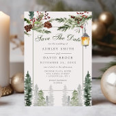 Winter Rustic Pine Trees Lantaarn sparen de datum Save The Date