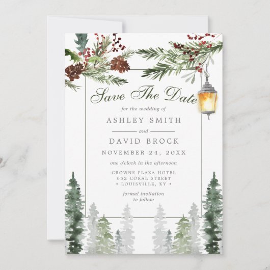 Winter Rustic Pine Trees Lantaarn sparen de datum Save The Date (Voorkant)