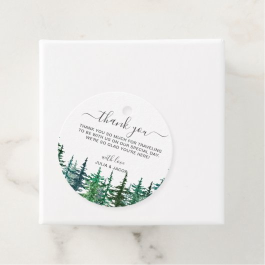 Winter Rustic Pine Trees Lantern Botanical Wedding Bedankjes Labels (In situ)
