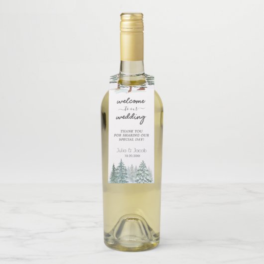 Winter Rustic Pine Trees Lantern Botanical Wedding Flessenhanger (Op fles)