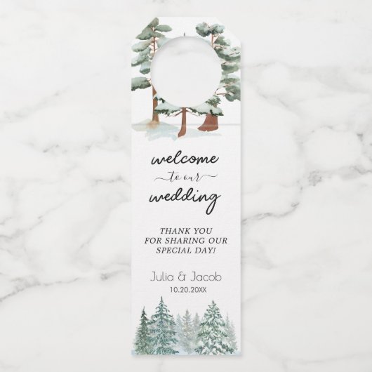 Winter Rustic Pine Trees Lantern Botanical Wedding Flessenhanger (Voorkant)