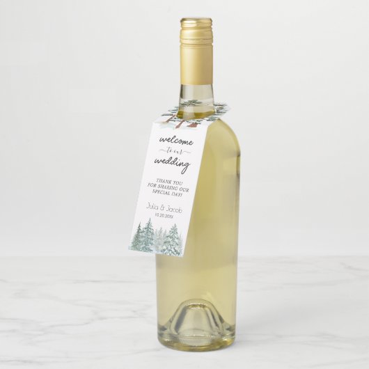 Winter Rustic Pine Trees Lantern Botanical Wedding Flessenhanger (Schuin)