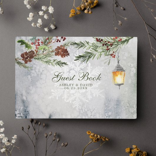 Winter Rustic Pine Trees Lantern Botanical Wedding Gastenboek