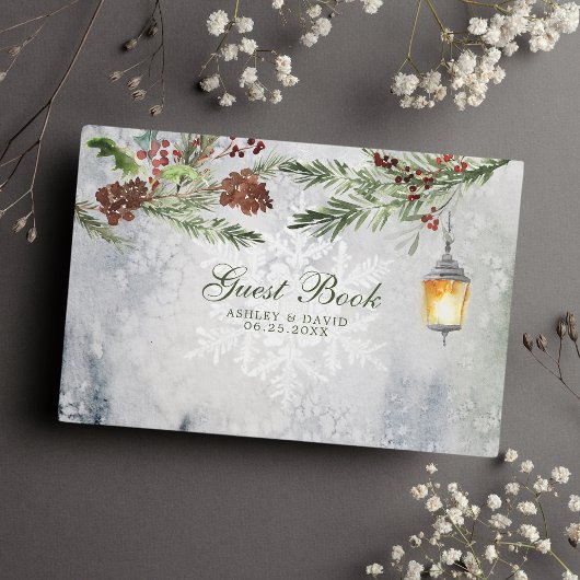 Winter Rustic Pine Trees Lantern Botanical Wedding Gastenboek