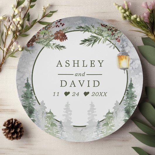 Winter Rustic Pine Trees Lantern Botanical Wedding Papieren Bordje