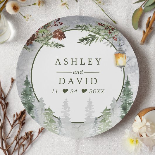Winter Rustic Pine Trees Lantern Botanical Wedding Papieren Bordje