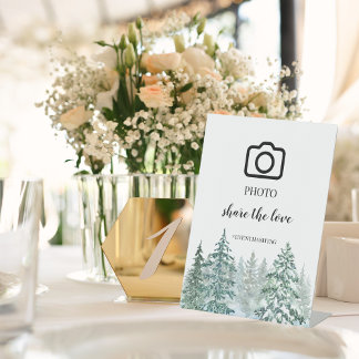 Winter Rustic Pine Trees Lantern Botanical Wedding Reclamebord Met Voetstuk