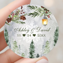 Winter Rustic Pine Trees Lantern Botanical Wedding