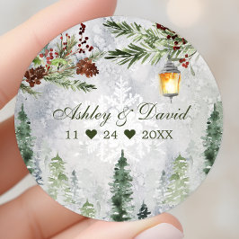 Winter Rustic Pine Trees Lantern Botanical Wedding Ronde Sticker