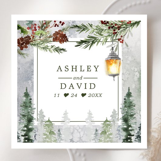 Winter Rustic Pine Trees Lantern Botanical Wedding Servet