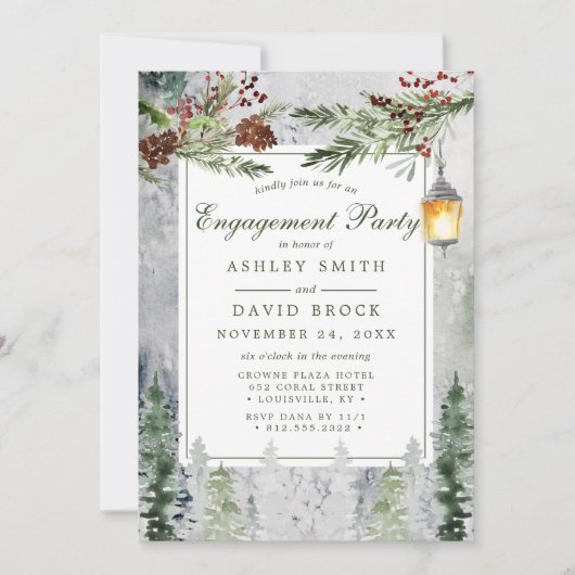 Winter Rustic Pine Trees Lantern Engagement Party Kaart (Voorkant)