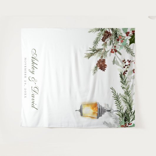 Winter Rustic Pine Trees Lantern Weddenfoto Wandkleed (Voorkant (horizontaal))
