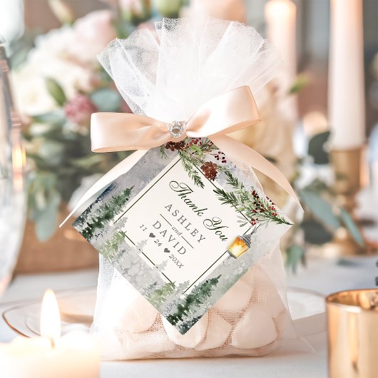 Winter Rustic Pine Trees Lantern Wedding Dank je Bedankjes Labels