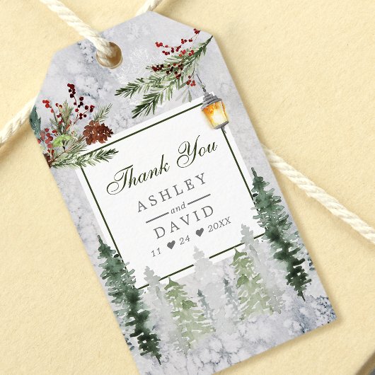 Winter Rustic Pine Trees Lantern Wedding Dank je Cadeaulabel