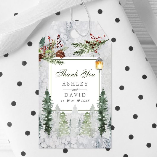 Winter Rustic Pine Trees Lantern Wedding Dank je Cadeaulabel