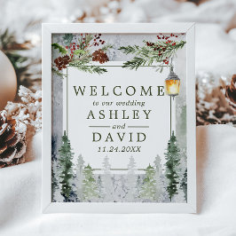 Winter Rustic Pine Trees Lantern Wedding Welkom Poster