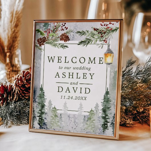 Winter Rustic Pine Trees Lantern Wedding Welkom Poster