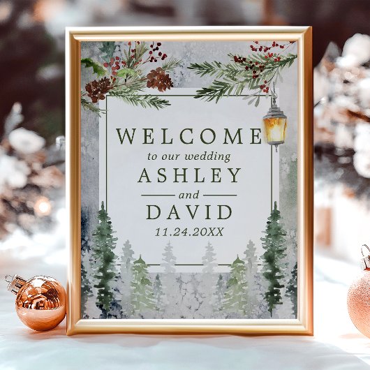 Winter Rustic Pine Trees Lantern Wedding Welkom Poster