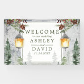 Winter Rustic Pine Trees Lantern Wedding Welkom Spandoek (Horizontaal)