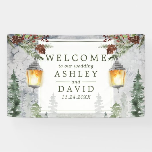 Winter Rustic Pine Trees Lantern Wedding Welkom Spandoek (Horizontaal)