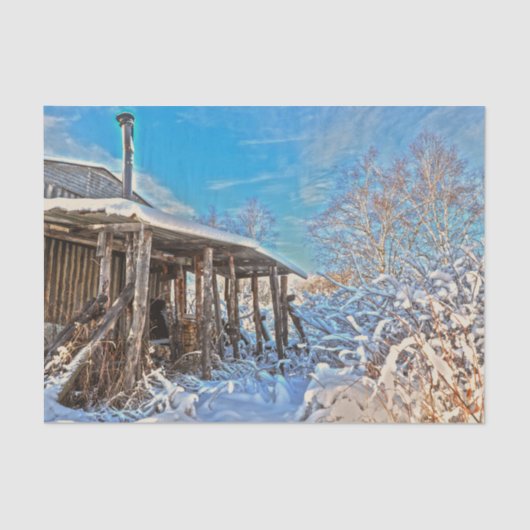 Winter Rustic Snow Covered Cabin Blue Sky Scenery Tissuepapier (Voorkant)