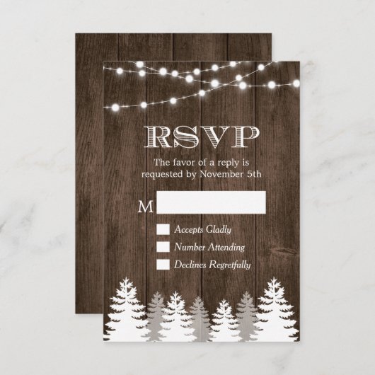Winter Rustic Wood String Lights Pine Tree RSVP (Voorkant / Achterkant)