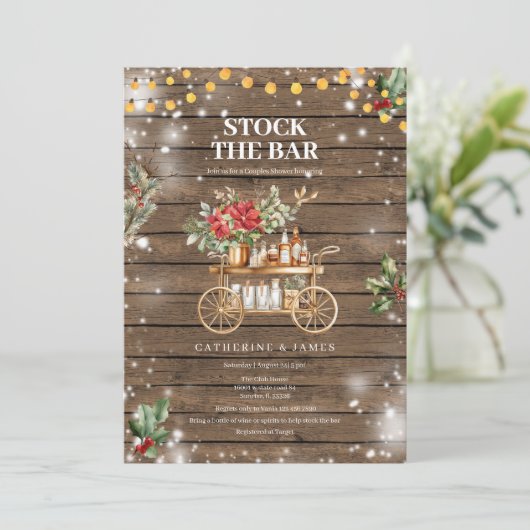 Winter Rustic Wood String Lights Stock De Bar Kaart (Staand voorkant)