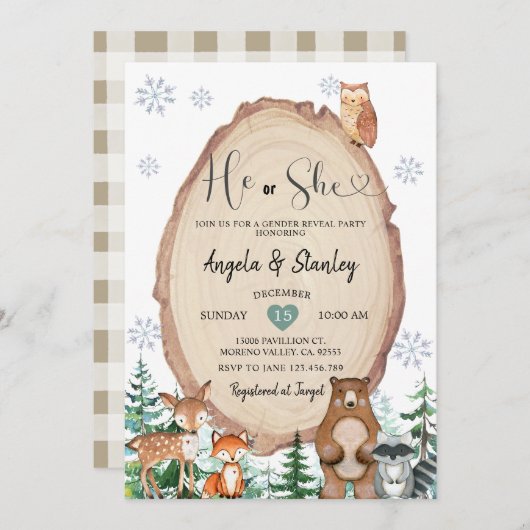 Winter Rustic Woodland Hij of zij onthullen Kaart (Voorkant / Achterkant)